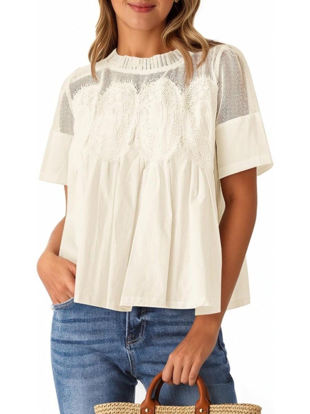 Chic Women's Lace Babydoll Blouse | Short Sleeve Peplum Top | Loose Fit